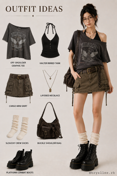 Woman in a dark academia inspired outfit with a cargo mini skirt and combat boots