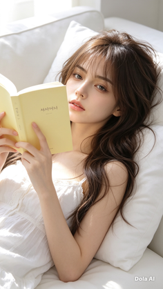 Woman with long brown hair reading a book in soft natural light indoors