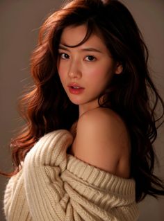 Woman with long wavy hair wearing an off-shoulder sweater in a studio