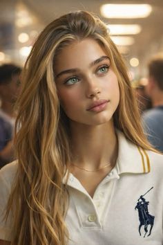 Woman with long blonde hair and green eyes wearing a white polo shirt