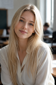 Blonde woman with blue eyes wearing a white shirt, looking at the camera