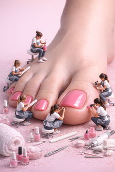 Miniature people performing a pedicure on a giant foot with pink nail polish