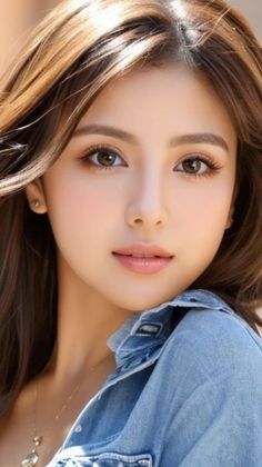 Woman with long brown hair wearing a denim shirt, looking directly at the viewer