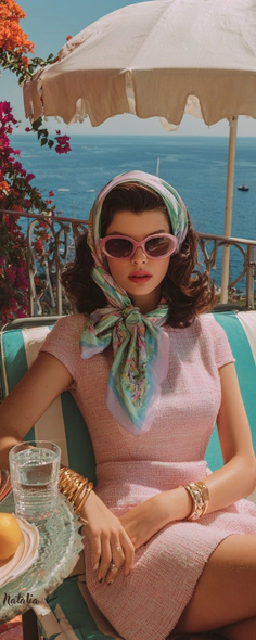 Woman in a pink dress and head scarf on a balcony overlooking the ocean