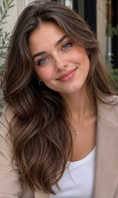 Woman with long brown hair and blue eyes smiling at the camera