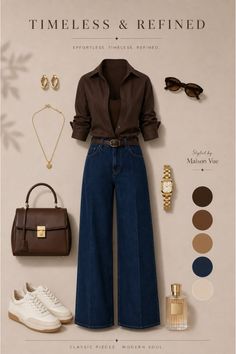 Flat lay of a fashion outfit with wide leg jeans, a brown shirt, and accessories