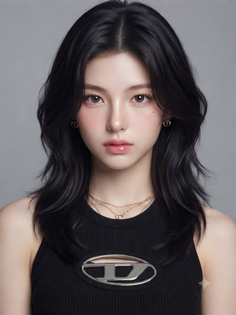 Woman with black layered hair wearing a black top and gold jewelry
