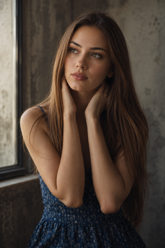 Woman with long brown hair in a blue dress, hands near her neck, looking away