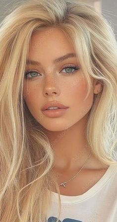Realistic portrait of a woman with long blonde hair, blue eyes, and freckles