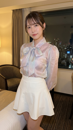 Woman in an iridescent blouse and white skirt posing indoors at night