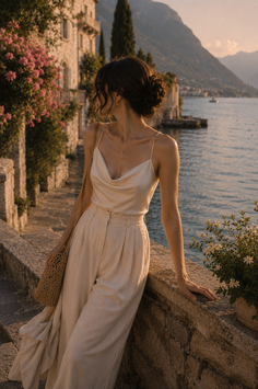 Woman in a light outfit leaning on a stone wall by the water at golden hour