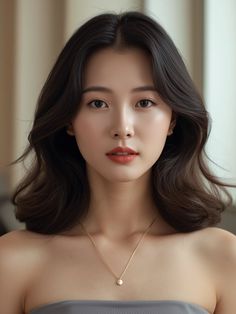 Woman with long dark hair and a gold necklace, looking directly at the viewer