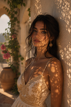 Woman in a white dress with golden embroidery in soft golden hour light