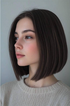 Woman with a bob cut and natural makeup wearing a light-colored sweater