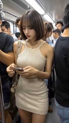 Woman with short hair in a knitted top and mini skirt on a crowded subway