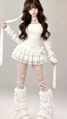 Anime style girl in a white ruffled outfit with furry boots and lace tights