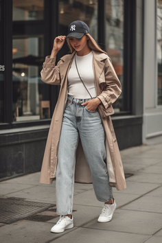 Woman in a trench coat, jeans, and baseball cap walking on a street
