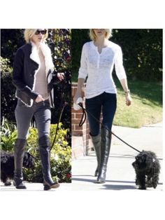 Woman with blonde hair walking a dog outdoors in two different outfits