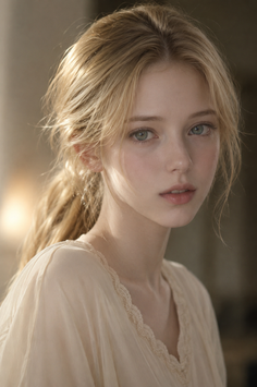 Young woman with blonde hair in a light dress with lace trim