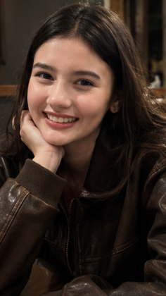 Smiling woman with long hair wearing a brown leather jacket indoors