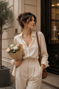 Woman in a cream shirt and pants holding a bouquet on a street