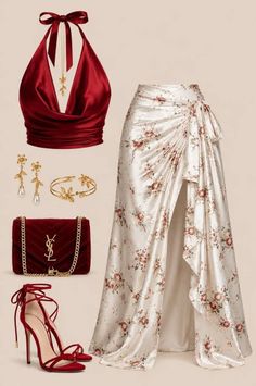 Elegant red and white floral outfit with matching accessories
