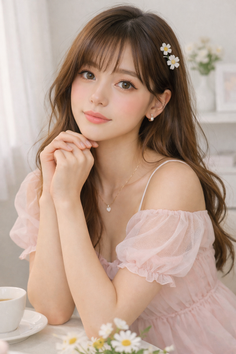 Woman in a pink dress with daisy hair clips and soft lighting indoors