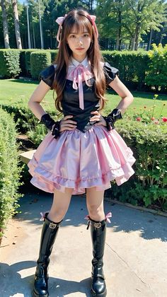 Woman in a black and pink dress with knee-high boots and pink bows in her hair