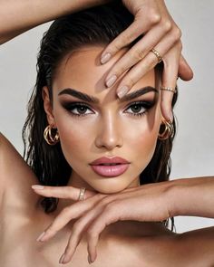 Woman with wet hair and gold jewelry posing with hands near her face