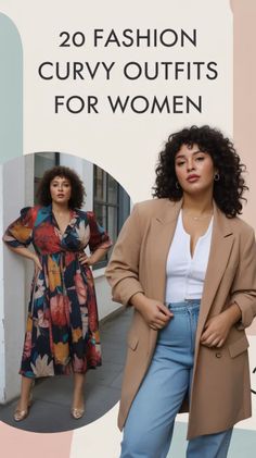 Two women with curly hair posing in different outfits outdoors