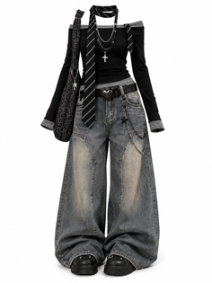 Gothic style outfit with baggy jeans, off-shoulder top, and accessories
