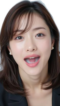 Woman with short hair and pearl earrings, mouth open with white liquid inside