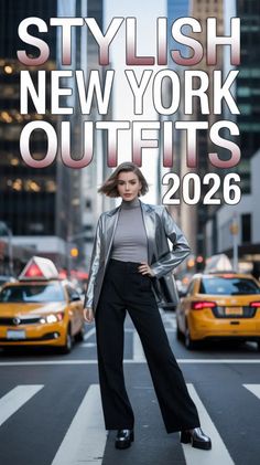 Woman in a silver jacket and black pants standing on a city street