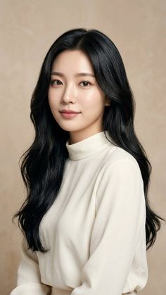 Woman with long black hair wearing a white turtleneck shirt