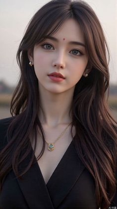 Woman with long dark hair and a red bindi wearing a black top and jewelry