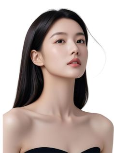 Woman with long black hair and exposed shoulders looking at the viewer