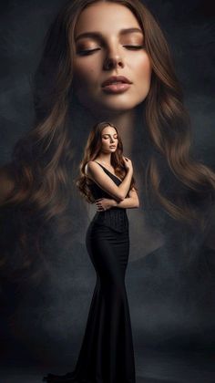 Woman in a black dress and corset with long hair and closed eyes