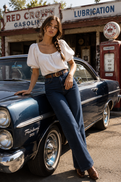 Woman with braided hair leaning on a vintage car at an old gas station