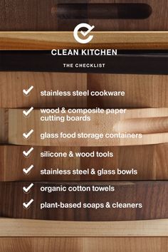 Clean kitchen checklist on a background of stacked wooden cutting boards