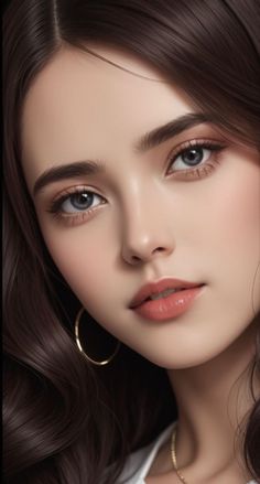 Close up portrait of a woman with long brown hair and blue eyes