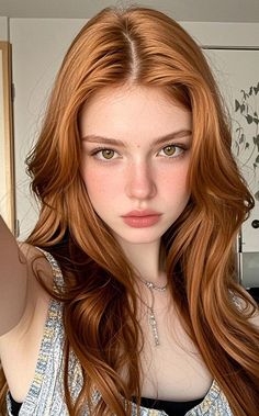 Woman with long red hair and green eyes, wearing a necklace