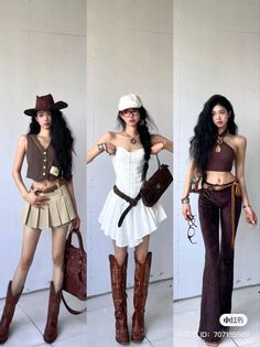 Three women in different outfits with long dark hair posing indoors