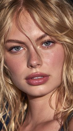 Close up portrait of a woman with blonde hair and blue eyes