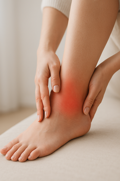 Person holding their ankle with a red spot indicating pain