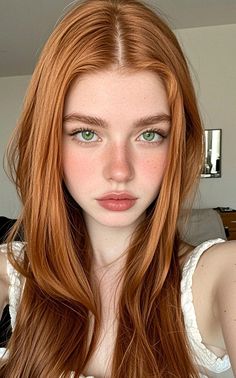Woman with long red hair and green eyes, with freckles on her face