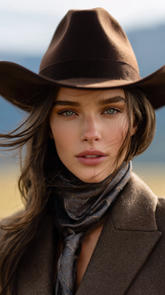 Woman in a cowboy hat and paisley scarf with wind-blown hair outdoors