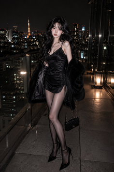 Woman in a black dress and fur coat on a rooftop at night with a city view