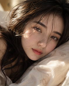 Woman with long dark hair lying down with soft lighting on her face