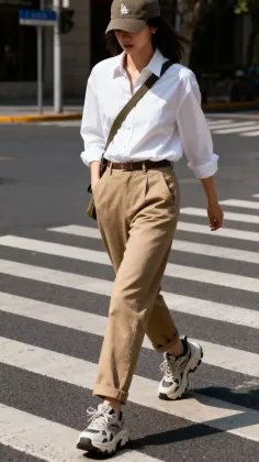 Woman in a white shirt and khaki pants crossing a street