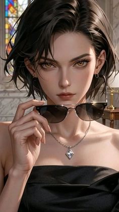 Woman with short black hair holding sunglasses, wearing a necklace and black top